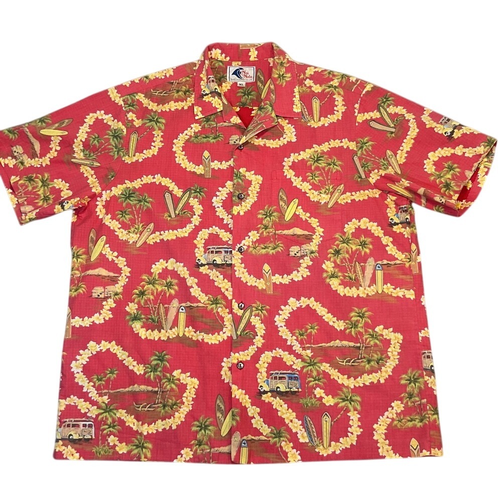 Vtg Nui Nalu Hawaiian Shirt Men XL Red Surfboard Palm Tree Leis Aloha Camp Short